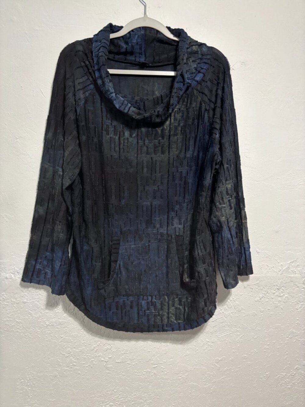 Shana Textured Top draped neck Long Sleeve Top Blue slouchy kangaroo pocket XL